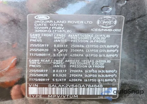 2016 Land Rover Lr4 Hse Luxury из США, поврежденный, VIN SALAK2V64GA784848